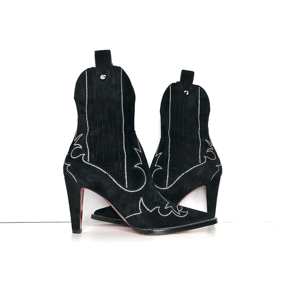Christian Louboutin Santigag Strass 85 Black Suede Western Style Low Boots 38 - Picture 4 of 12